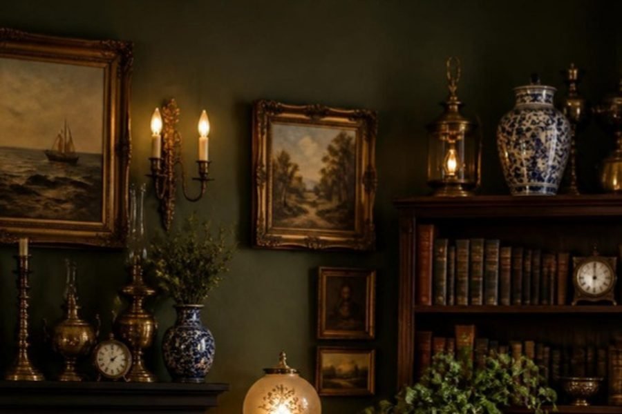 A period set dressed with gilt-framed paintings, brass candlesticks, blue-and-white vases, a carriage lantern and a mantel clock